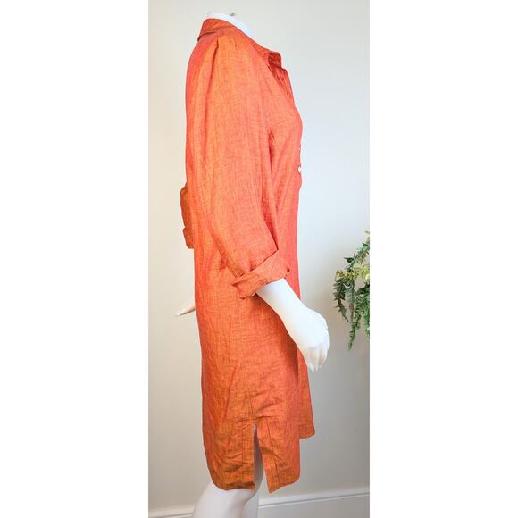 VTG Chetta B Shirt Shift Dress Linen 8 Coral Orange Shimmer Long Sleeve Coastal - Picture 7 of 13